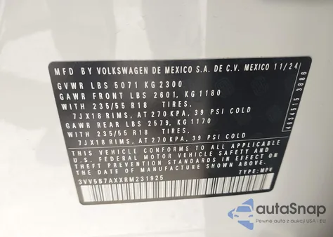 2024 Volkswagen Tiguan 2.0T Wolfsburg Edition z USA, uszkodzony, nr VIN 3VV5B7AXXRM231925